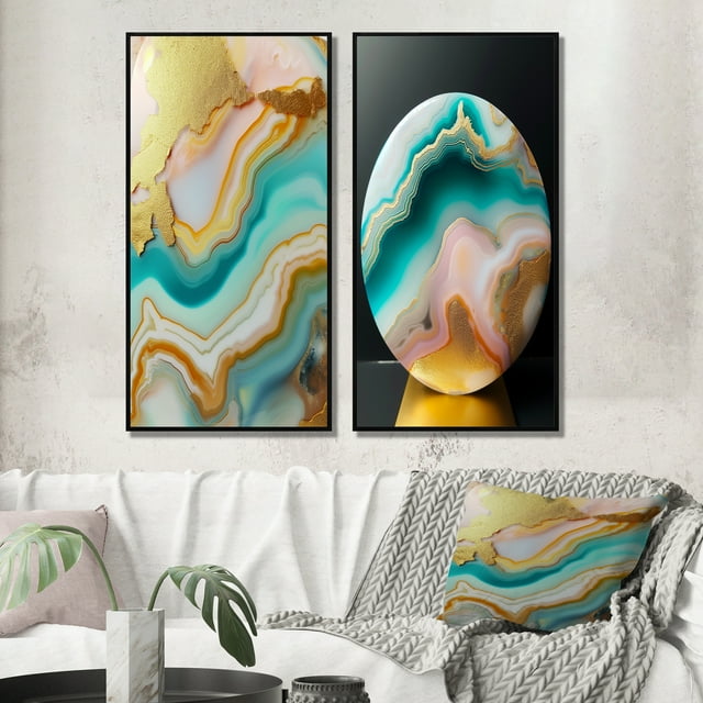 Designart "Gold Blue Turquoise Agate Liquid Art" Abstract Shapes Framed Wall Art Set Of 2 - Transitional Gold Gallery Wall Frame Set For Home Decor
