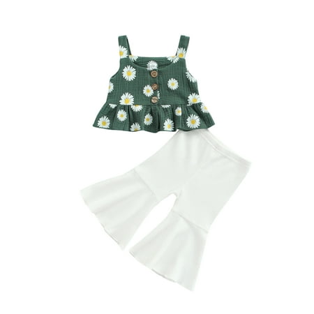 

Suanret Kids Toddler Girls Camisole and Trousers Sets Daisy Print Suspender Tops + Pitted Flared Pants Green White 12-18 Months
