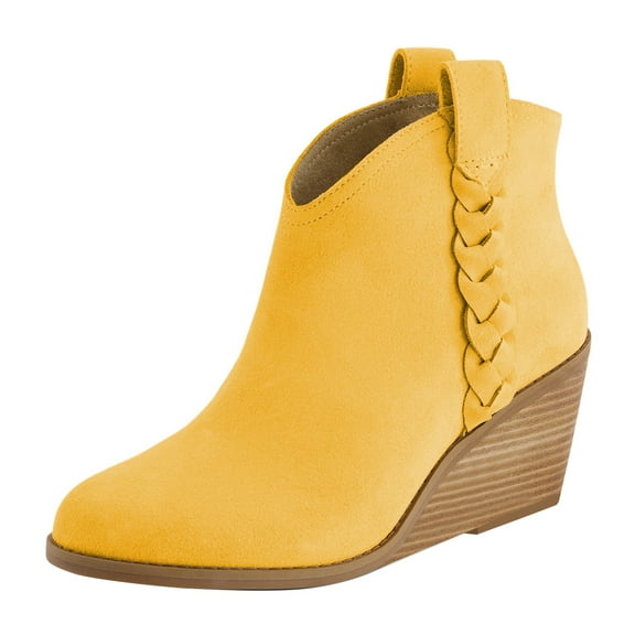 FSJ Women Classic Wedge Mid Heel Ankle Boots Braided Side Round Toe Western Pull On Cowboy Booties Office Shoes Size 8 Yellow