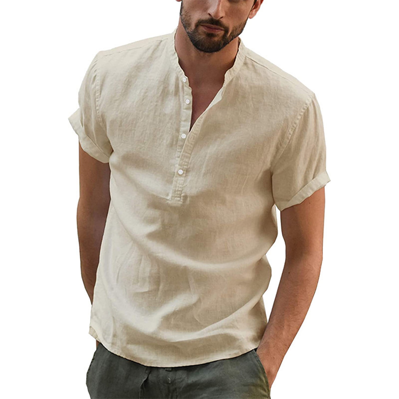 Men Linen Shirts Casual Short Sleeve Basic Summer Beach Henley Shirts Yoga Tops