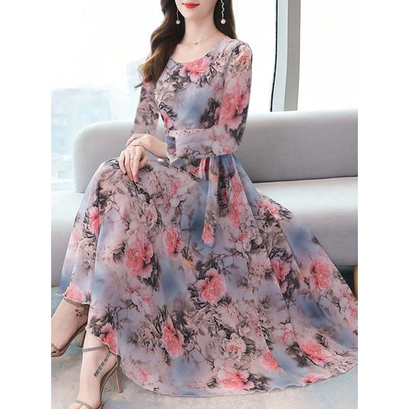 Womens Floral Print Long Sleeve Chiffon Maxi Dress In Blue
