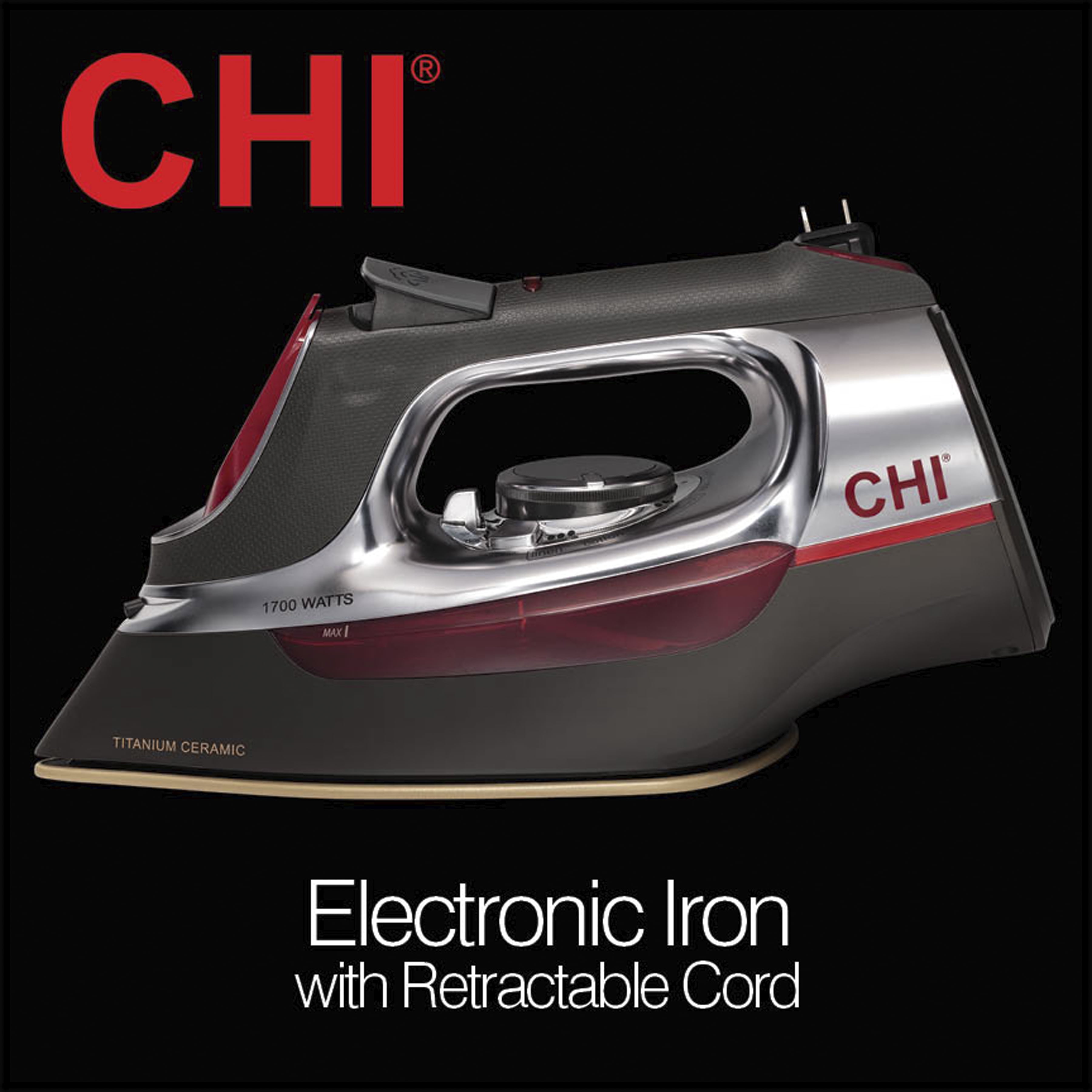 CHI Steam Iron With Retractable Cord, Titanium Infused Ceramic Soleplate &  Over 400 Steam Holes, Professional Grade, Black Chrome (13109)