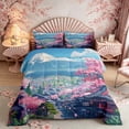 thumbnail image 2 of Manfei Anime Fuji Full Size Comforter Sets for Girls, Cherry Town Bedding Sets, Pink Blue White, Pink Reversible 3 Pieces, 1 Comforter and 2 Pillowcases, 2 of 6