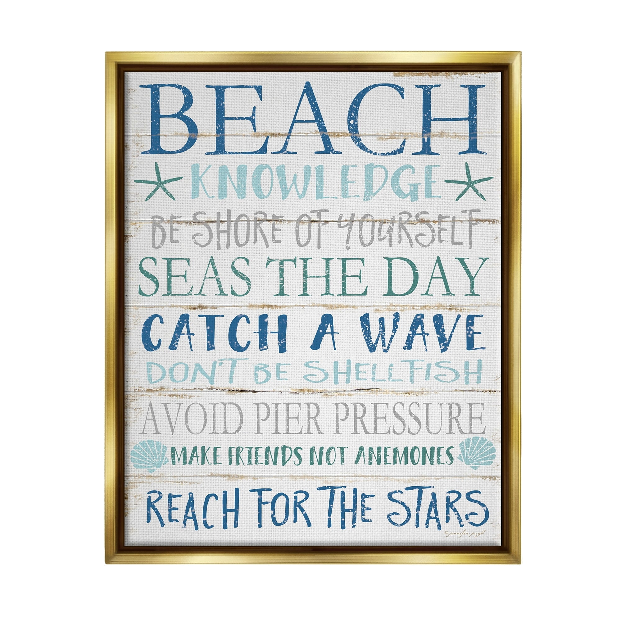 Stupell Industries Beach Knowledge Blue Aqua and White Planked Look Sign Metallic Gold Framed Floating Canvas Wall Art, 24x30, by Jennifer Pugh