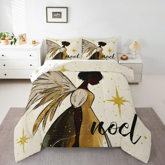 Homewish Cute Fairy 2pcs Bedding Comforter Set for Girls Boys,Dreamy Princess Twin Comforter Sets,Bling Golden Glitter Breathable Bedding Set,Microfiber Bedroom Decor,Reversible