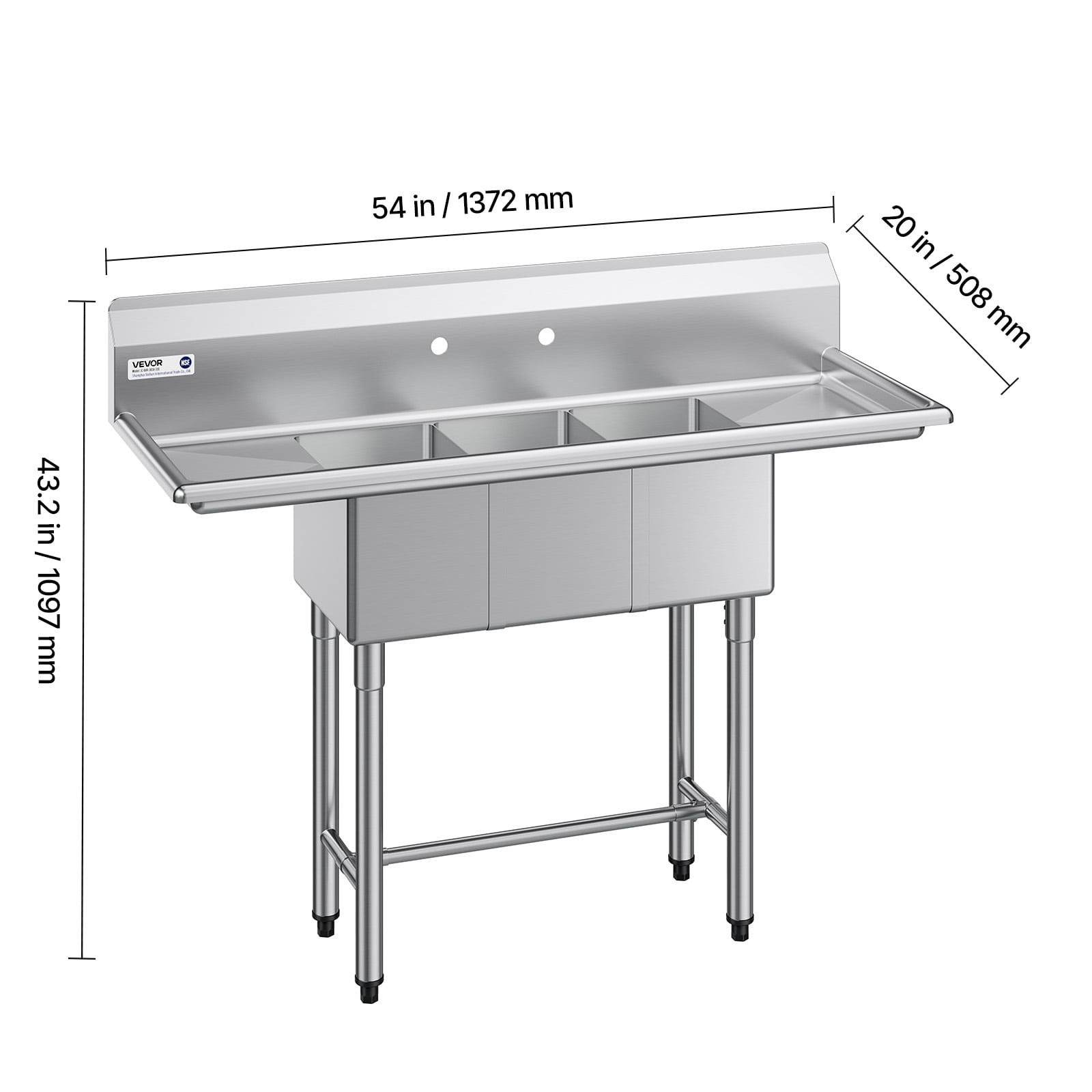 VEVOR 3 Compartment Sink, 18-Gauge 304 Stainless Steel, 10" x 14" x 10" Bowl Size, 3 Bay Commercial Kitchen Prep & Utility Sink with 2 Drainboards and Backsplash for Restaurant, Food Truck & Home Use