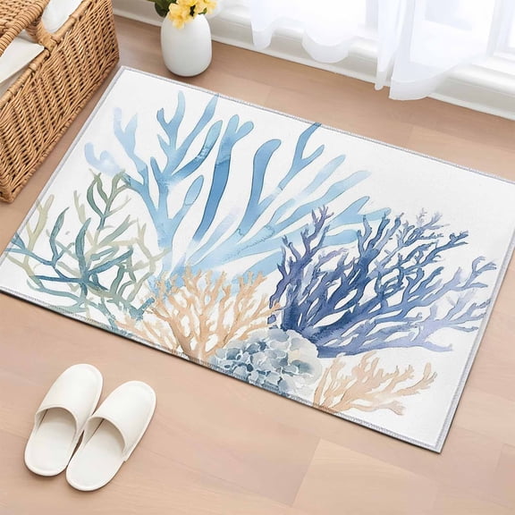 2x3 Ft Entryway Area Rug, Summer Coral Kitchen Rug Runner Washable Floor Mat, Vintage Coastal Ocean Blue Green Plant Non Slip Indoor Door Mat Throw Carpet for Bathroom Living Room Bedroom