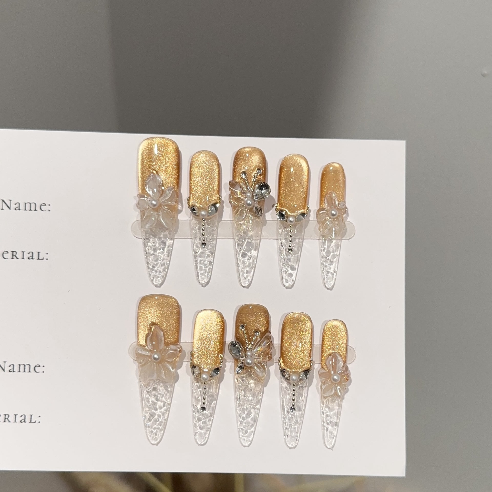Purely handmade wearing nail, advanced autumn and winter golden cat eye long nail art piece, carved three-dimensional butterfly fake nail patch