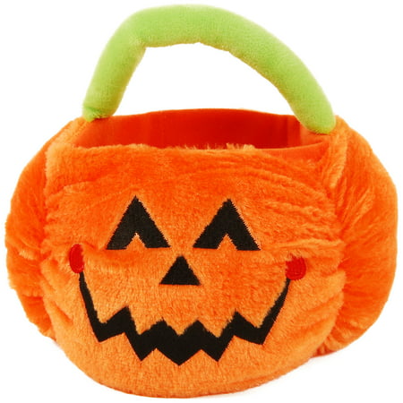 Plush Jack-o'-Lantern Treat Bucket, Plastic Pail with Fabric, 10 by 7 Inches