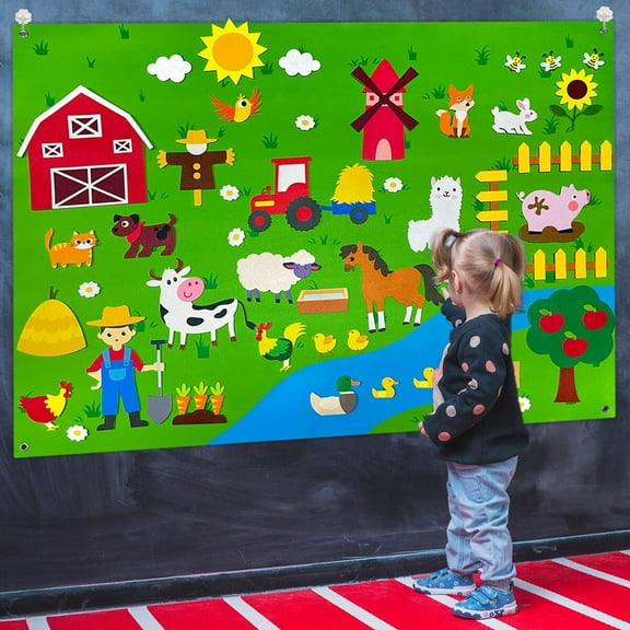 Farm Animals Story Felt Board, 3.6 Ft Farmhouse Themed Play Mat Wall Hanging Kit Toys, Birthday Gift for Toddlers Childrens