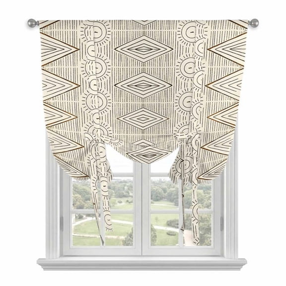 Black Beige Boho Balloon Curtains for Living Room/French Door, Vintage Ethnic Tribe Abstract Art Tie Up Curtains 63 Inch Length Energy Saving Kitchen Curtains Shades for Windows 42"x63"