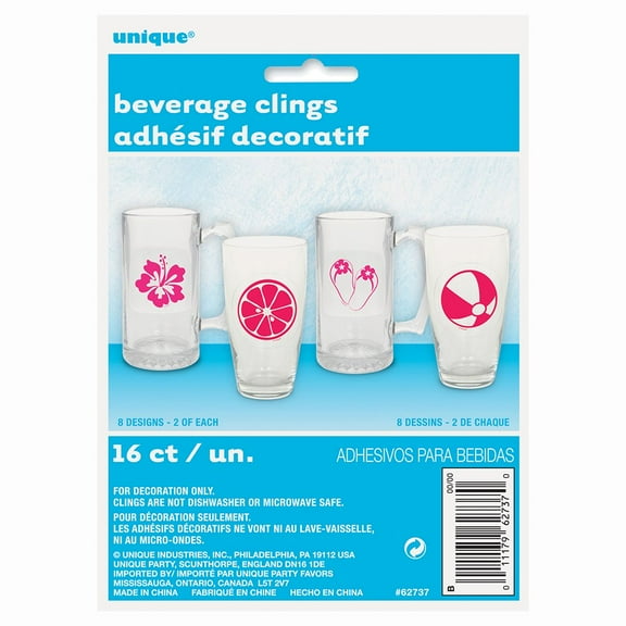 Summer Fun Pink Beverage Clings - (16 Pack) - Vibrant & Reusable Drink Markers for Pool Parties, BBQs & More