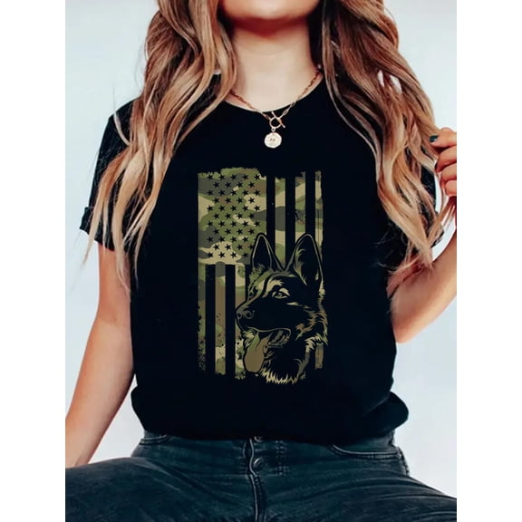 German Shepherd Dog - Dog Lover Shepherd USA Flag 4th July T-Shirt Women's Graphic Tee Casual Tops