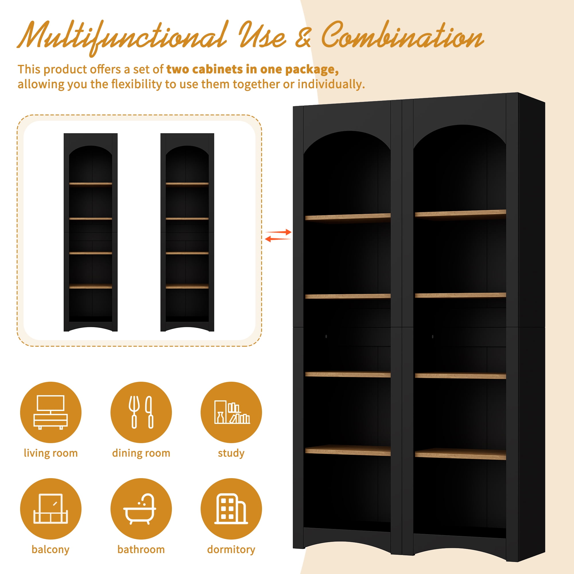 Euroco Modern 72"H Kitchen Pantry Cabinet，Free Standing 5 Tier Bookshelves, Bookcases Set of 2, Farmhouse Two-Tone Storage Cabinet with Adjustable Shelves，Black