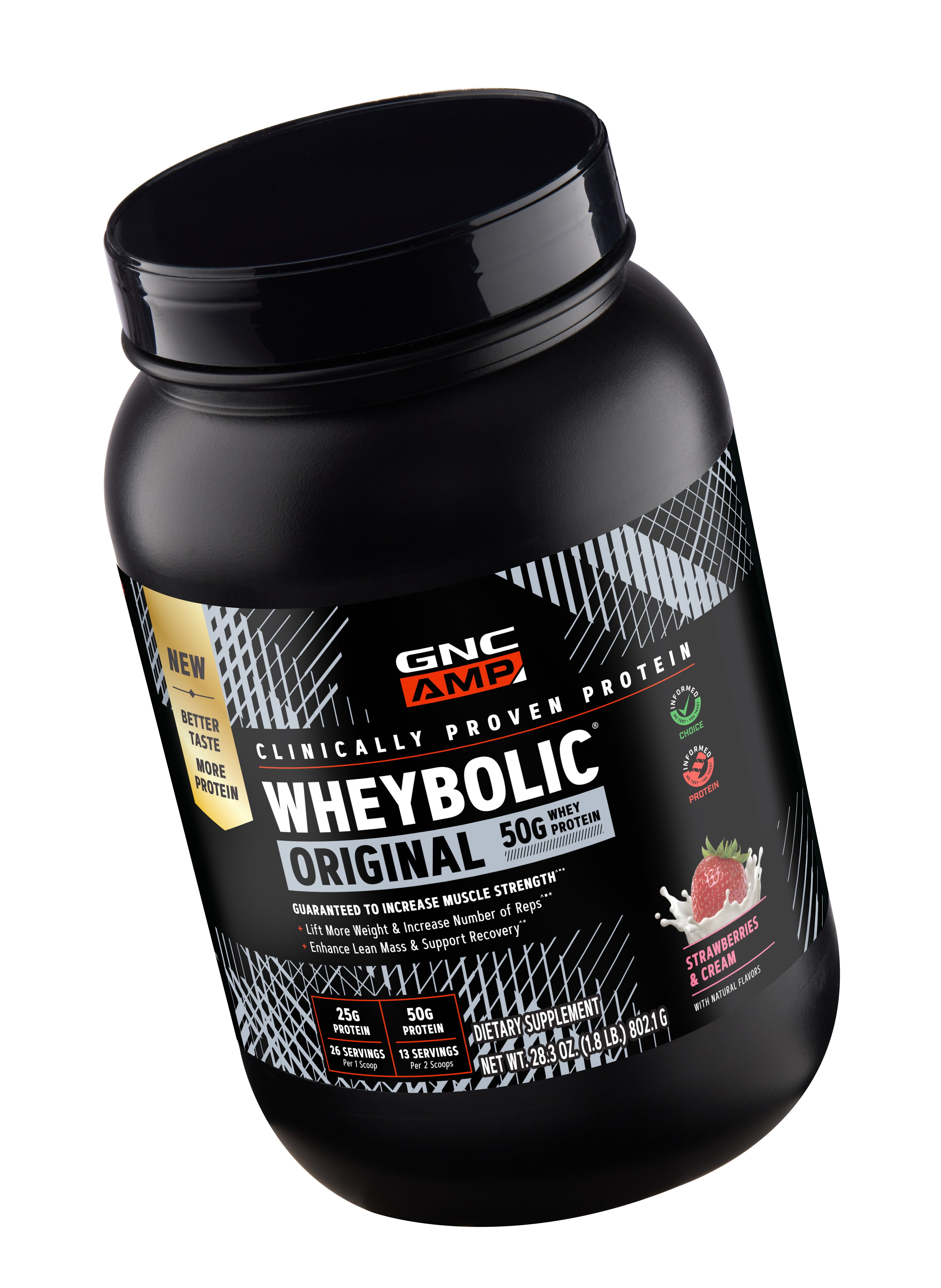 GNC AMP Wheybolic Clinically Proven Protein Powder, 50g Whey Protein, BCAA, Leucine, Increases Muscle Strength, Muscle Building, 3rd Party Tested, Gluten Free, Strawberries & Cream, 13 Servings