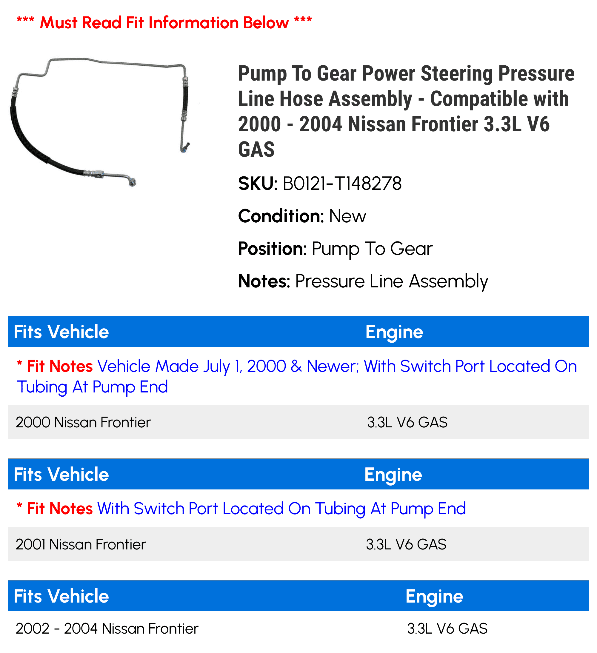 Pump To Gear Power Steering Pressure Line Hose Assembly - Compatible with 2000 - 2004 Nissan Frontier 3.3L V6 GAS 2001 2002 2003