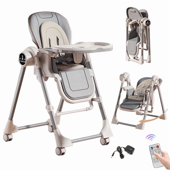 Electric 2 in 1 Baby High Chair Convertible Baby Swing Adjustable Seat for Eating,Folding Baby Dining Chairs with Remote Control, Unisex,GREY