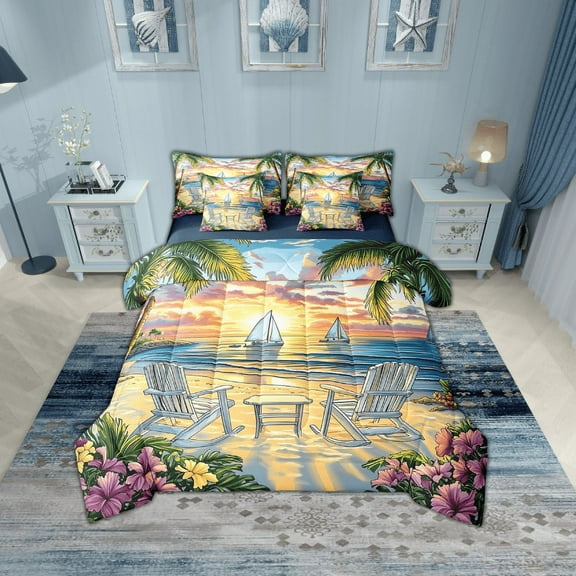 Erosebridal Cartoon Beach Bedding Sets Twin Size, Ocean Marine Comforter Sets with Sheets, Tropic Flower Reversible Bedding Twin Size, Breathable Bedroom Decor, 7 Pieces