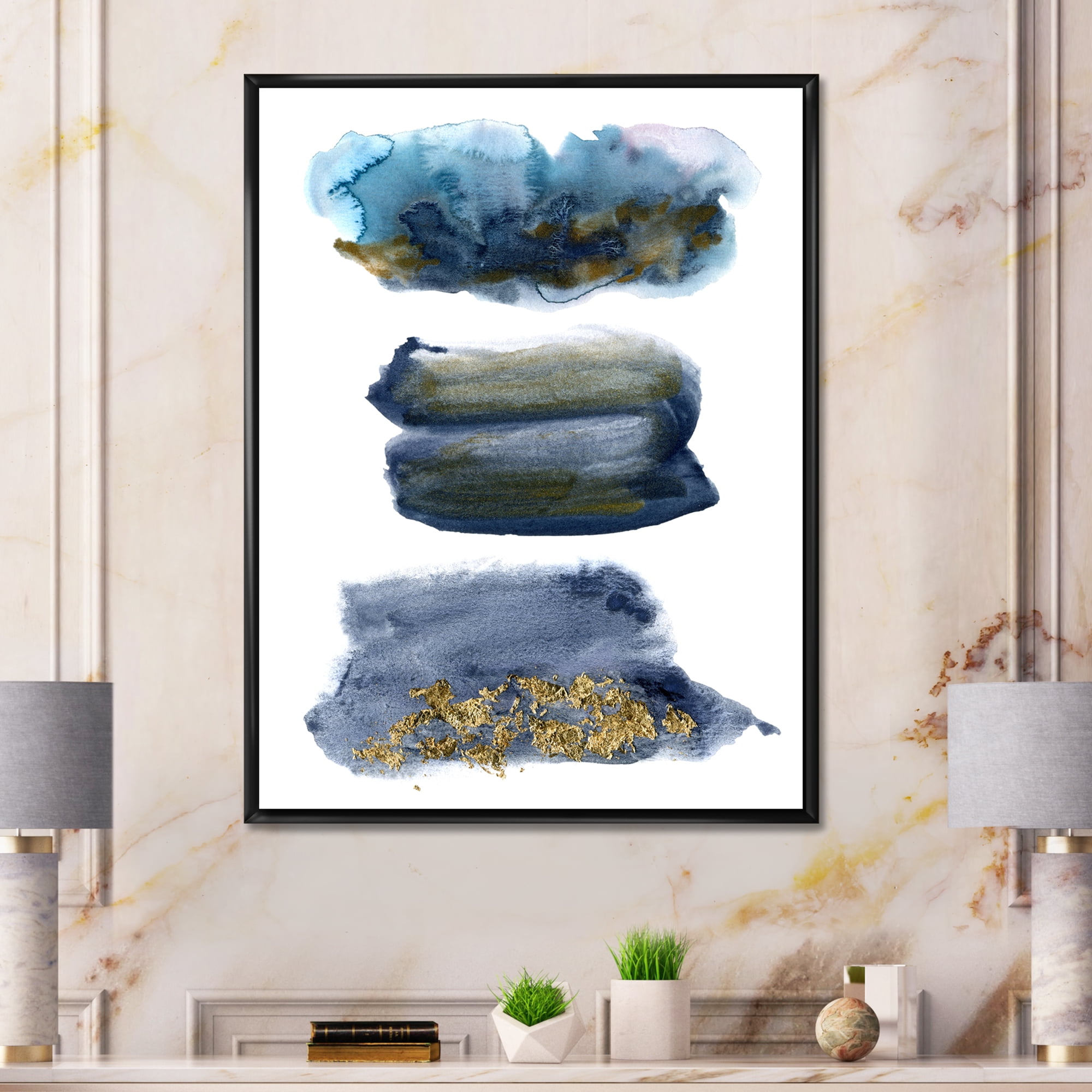 Designart 'Abstracts Clouds With Golden Touches' Modern Framed Canvas Wall Art Print