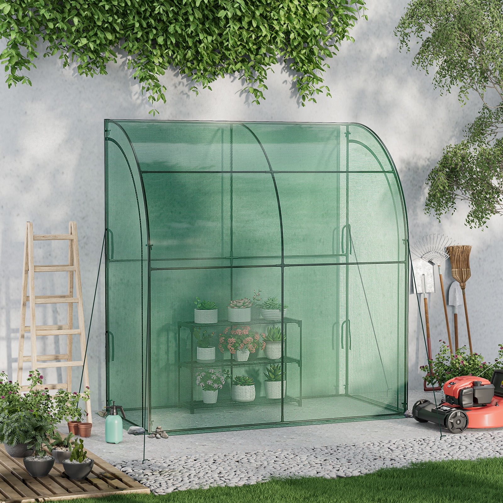 Patiojoy Lean-To Walk-In Greenhouse with Flower Rack 7’ x 3.5’ x 7’ Wall Green House with Roll-Up Doors Waterproof PE Cover & Metal Frame