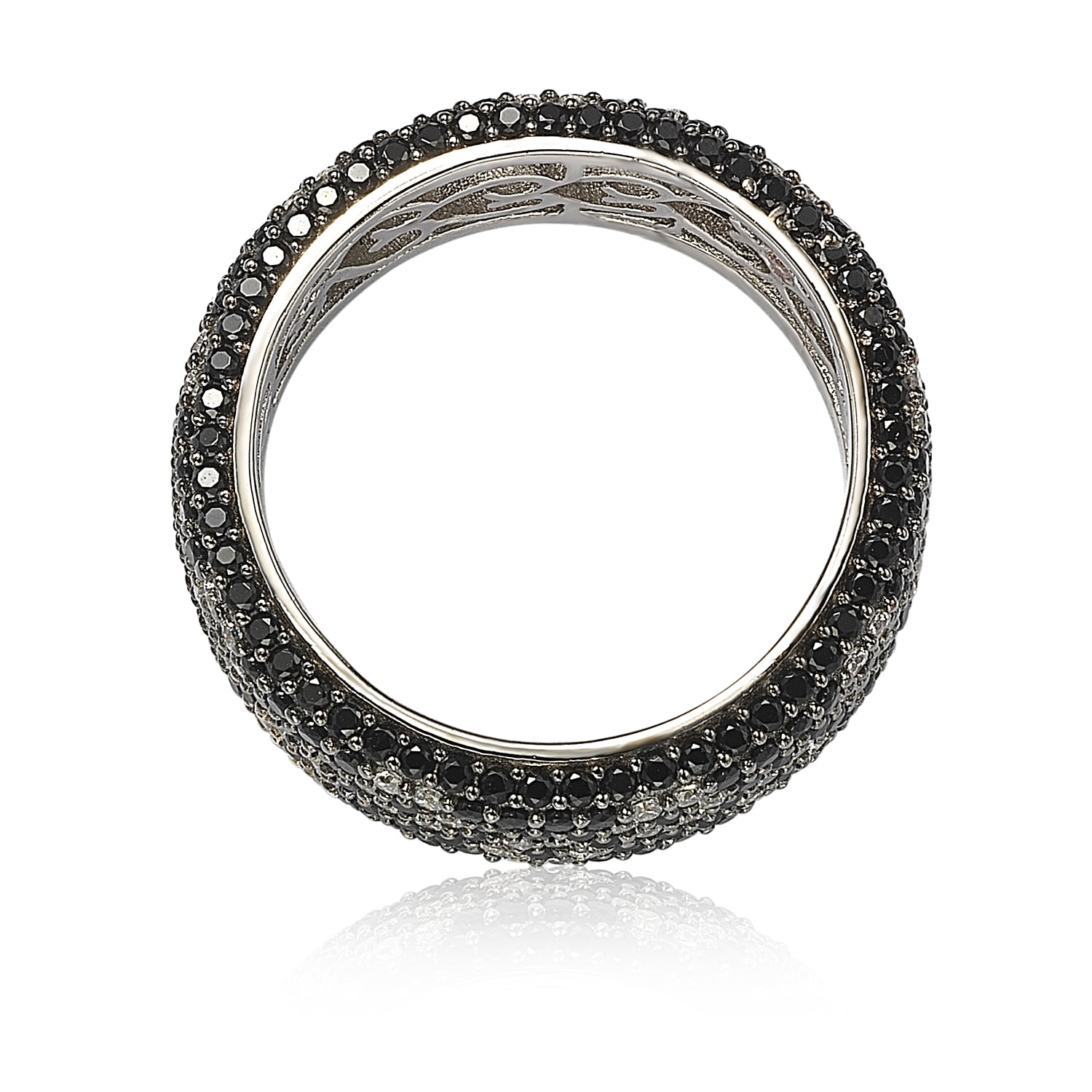 SL Collection Sterling Silver Cubic Zirconia White & Black Pave Flower Stackable Ring - Black White