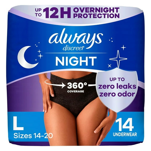Always Discreet Adult Incontinence Overnight Underwear for Women, Large, Up to 100% Bladder Leak Protection, 14 Count