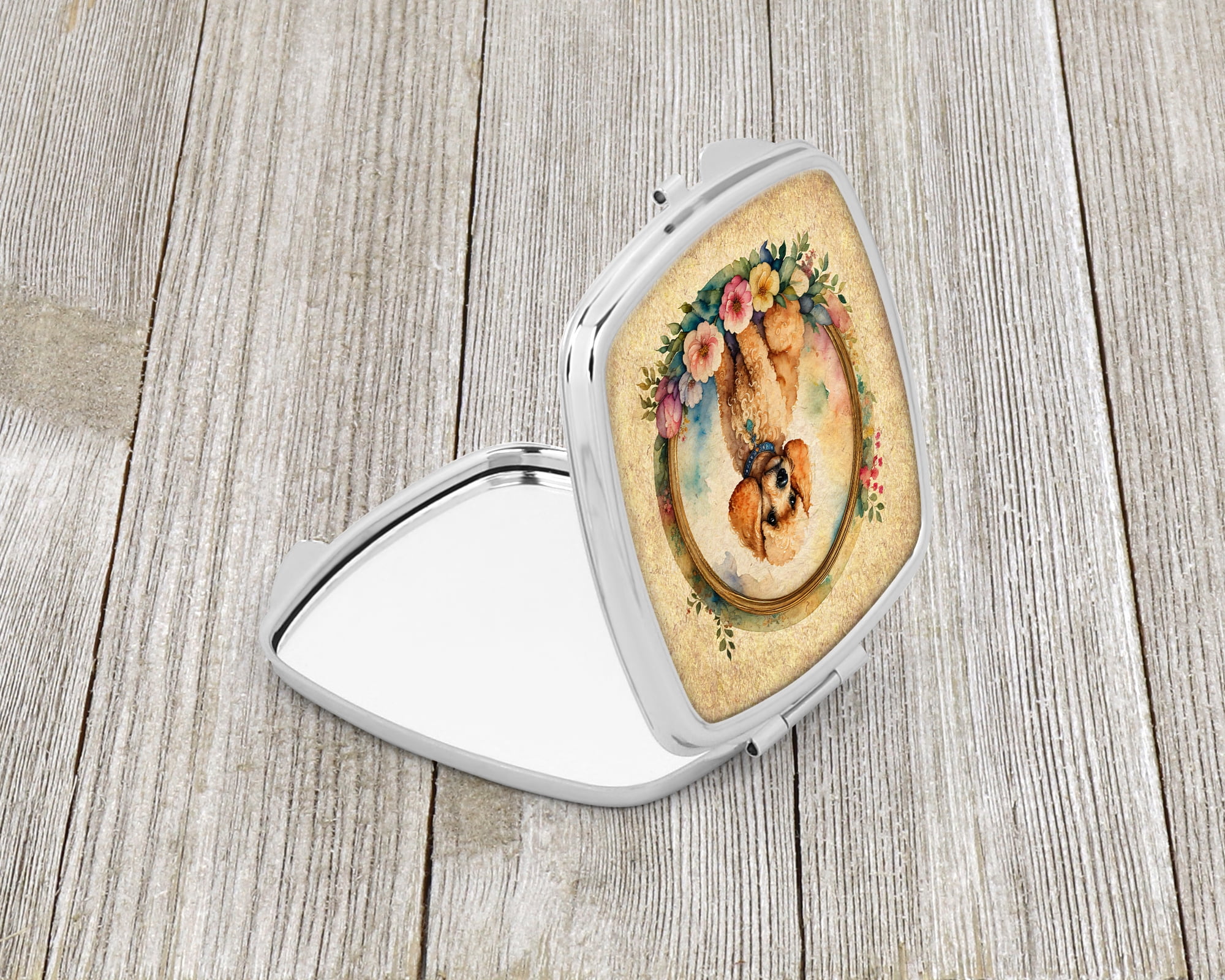 Poodle and Flowers Compact Mirror 2.75 in x 3 in