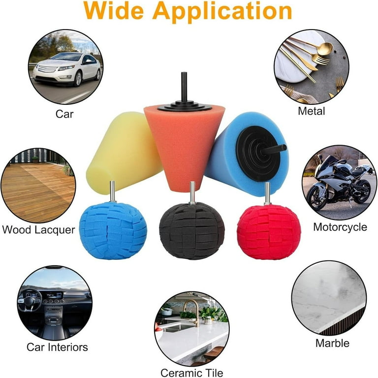 Wevdn 6-Piece Car Wheel Hub Polishing Sponge Pad Kit | Cone & Ball Shapes For Drill Buffing, Waxing & Detailing
