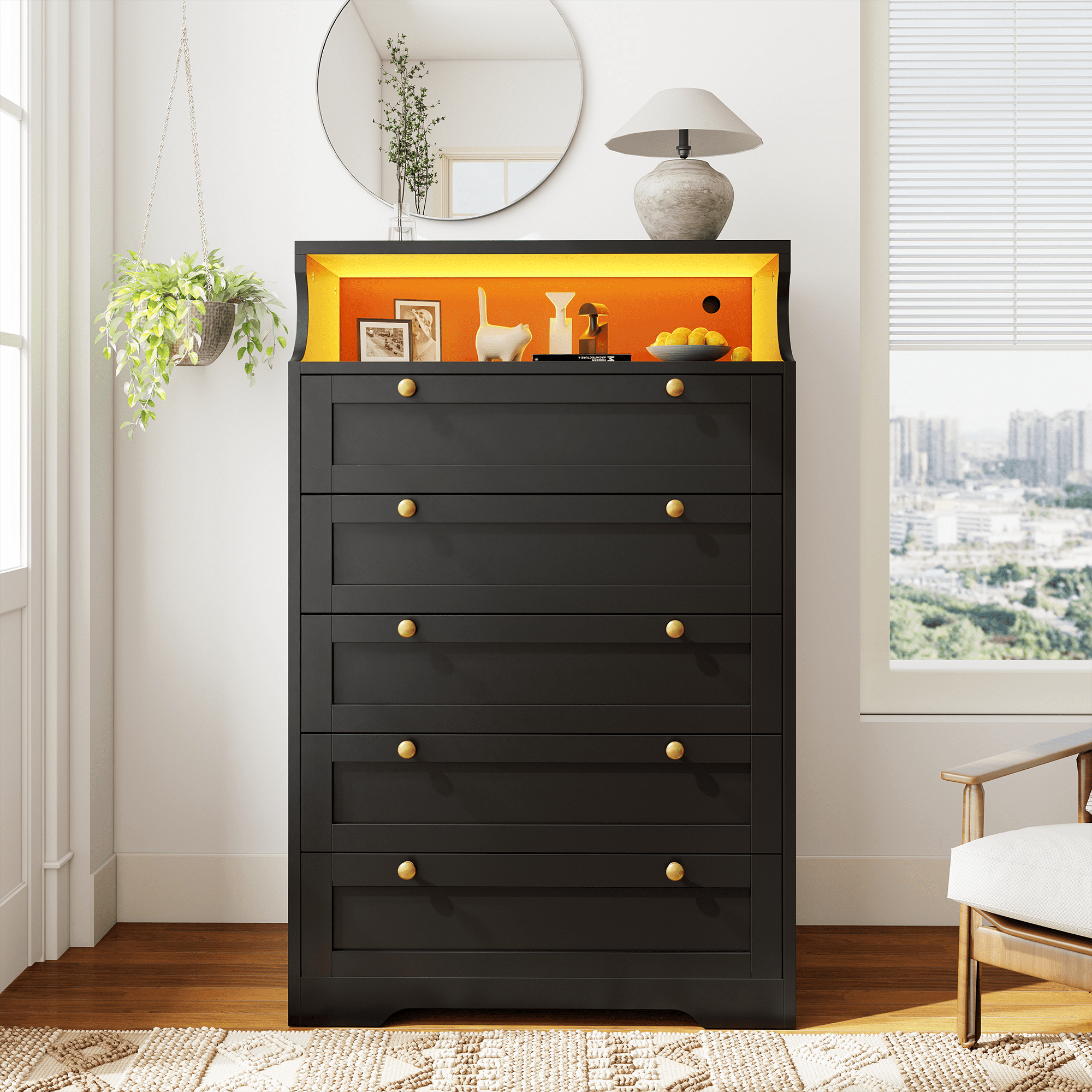 Black Dresser for Bedroom with 5 Drawers,Modern Chest of Drawers with LED Lights and 2 Shelves for Living Room,Hallway