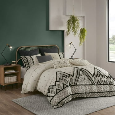 INK IVY Cotton and Flax Printed Comforter Set with Natural Finish II10-1109