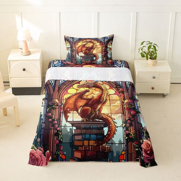 Feelyou Church Dragon Twin Sheet Sets for Men Boys, Magical Floral Animal Bedding, Orange Gold, 3-Piece