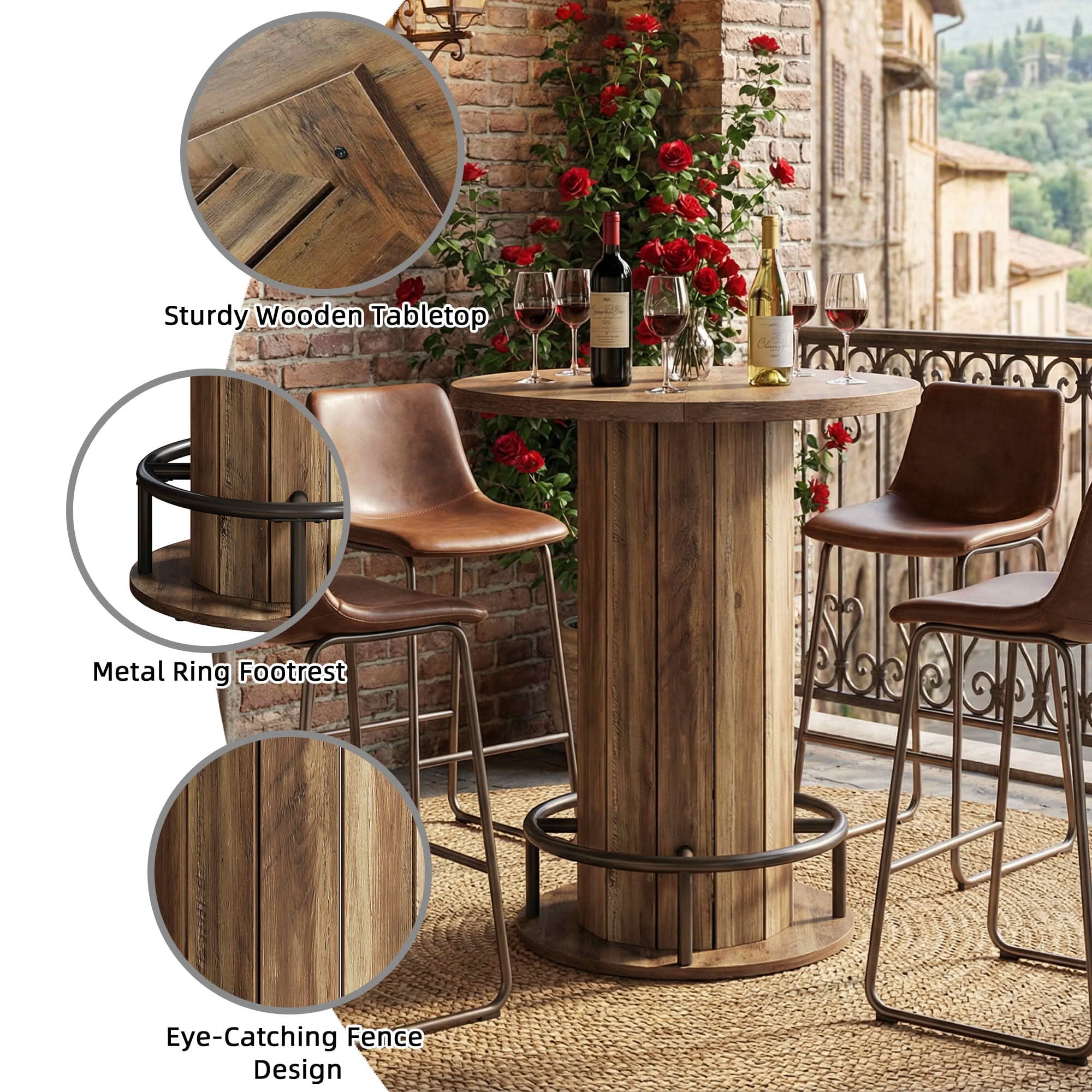 MAYEERTY Industrial-Farmhouse Bar Height Round Bistro Table, Wooden Pub Table with Footrest for Home Kitchen Cafe Apartment
