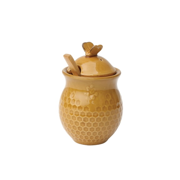 Creative Co-Op Yellow with Decorative Bees Stoneware Honey Jar with Lid & Wood Honey Dipper (Set of 2 Pieces)