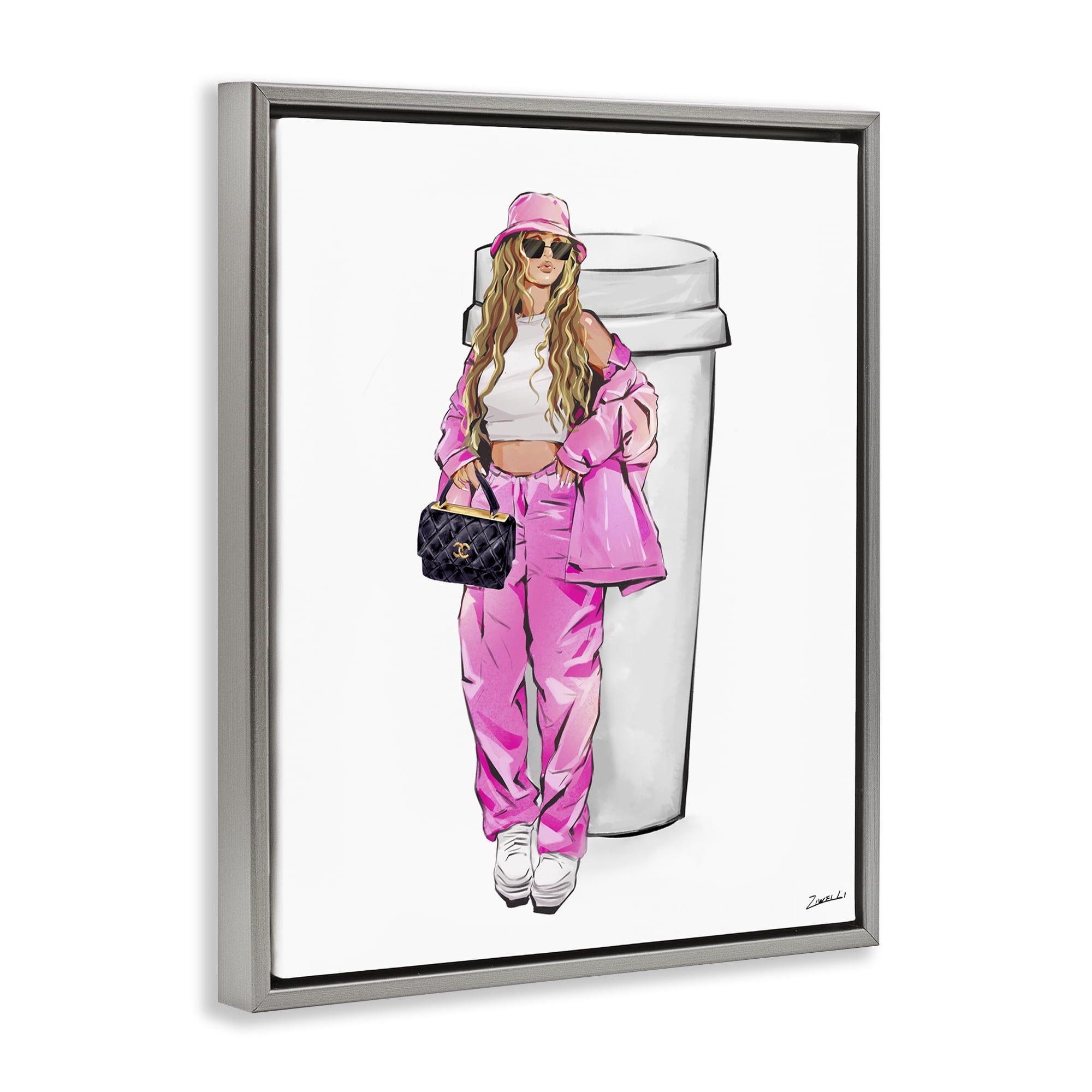 Stupell Industries Trendy Style Girl & Coffee Food & Beverage Painting Gray Floater Framed Canvas Art Print Wall Art, 17 x 21