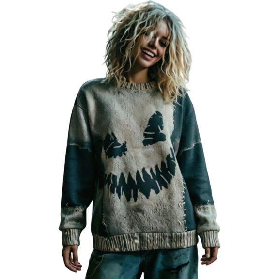WEIWEN Halloween Sweatshirt for Women Oversized Cat Spooky Face Printed Long Sleeve Fall Sweaters for Women Plus Size Tops Womens Fall Fashion Clothing Grey, S