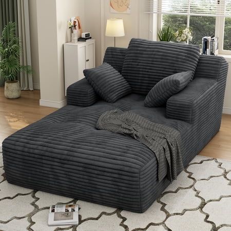 67'' Oversized Chaise Lounge Chair Indoor, Cloud Plush Corduroy Upholstered Sofa Bed, Modern Deep Seat Sofa with Back Cushion, Pillows, Cozy Sleeper Couch for Living Room, No Assembly Required, Grey