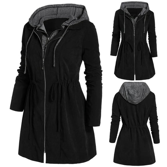 Women's Patchwork Winter Coat, Faux Two Piece Hooded Jacket with Drawstring Waist, Slim Fit Long Sleeve Zipper Up Outerwear with Pocket for Casual Daily Wear - Black