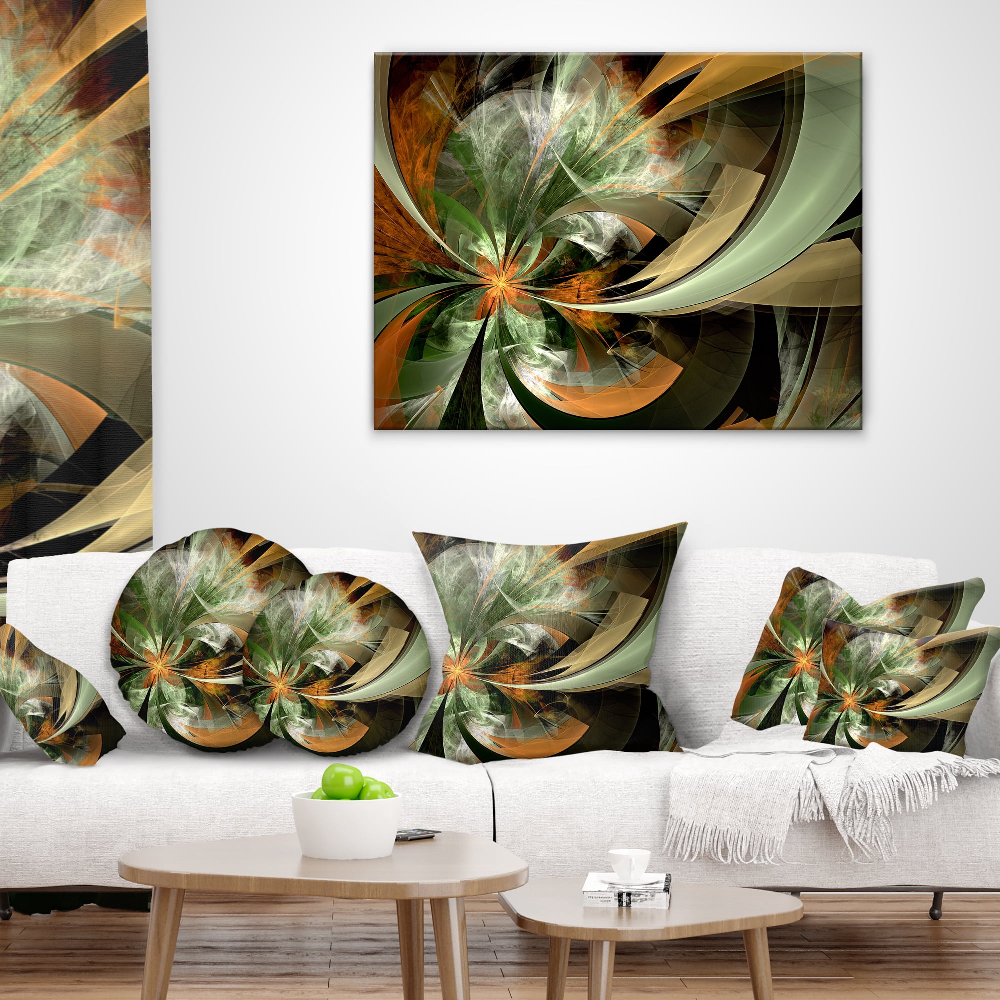 Designart Symmetrical Orange Green Fractal Flower - Floral Throw Pillow - 18x18