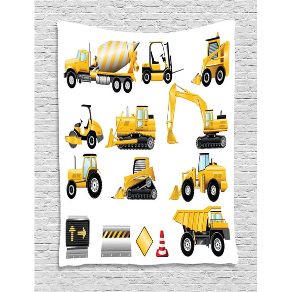 Boy's Tapestry, Yellow Colored Construction Site Machinery and Signs Lined up for Display, Wall Hanging for Bedroom Living Room Dorm Decor, 40W X 60L Inches, Earth Yellow Black Red, by Ambesonne