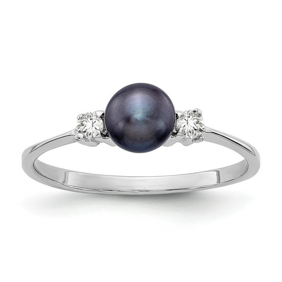 14K White Gold Ring Band Pearl Diamond Round Freshwater Black
