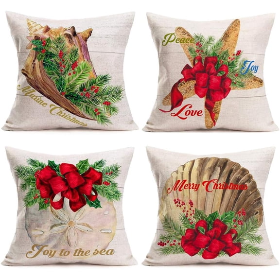 Merry Christmas Ocean Decorative Pillow Covers Red Green Mistletoe Fir Holly Leaves with Peace Joy Love Pillow Cases Seashell Starfish HOM Decor Cotton Linen 18”x18” Throw Cushion Cover 4 Pack