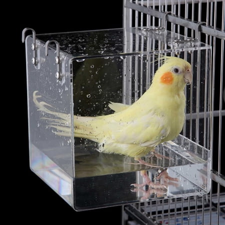 BURIBURI Hanging Cube Bird Bath Cage, Transparent Bird Bathtub Bath Shower with Stainless Steel Hooks for Small Bird Canary Parakeet Budgerigar