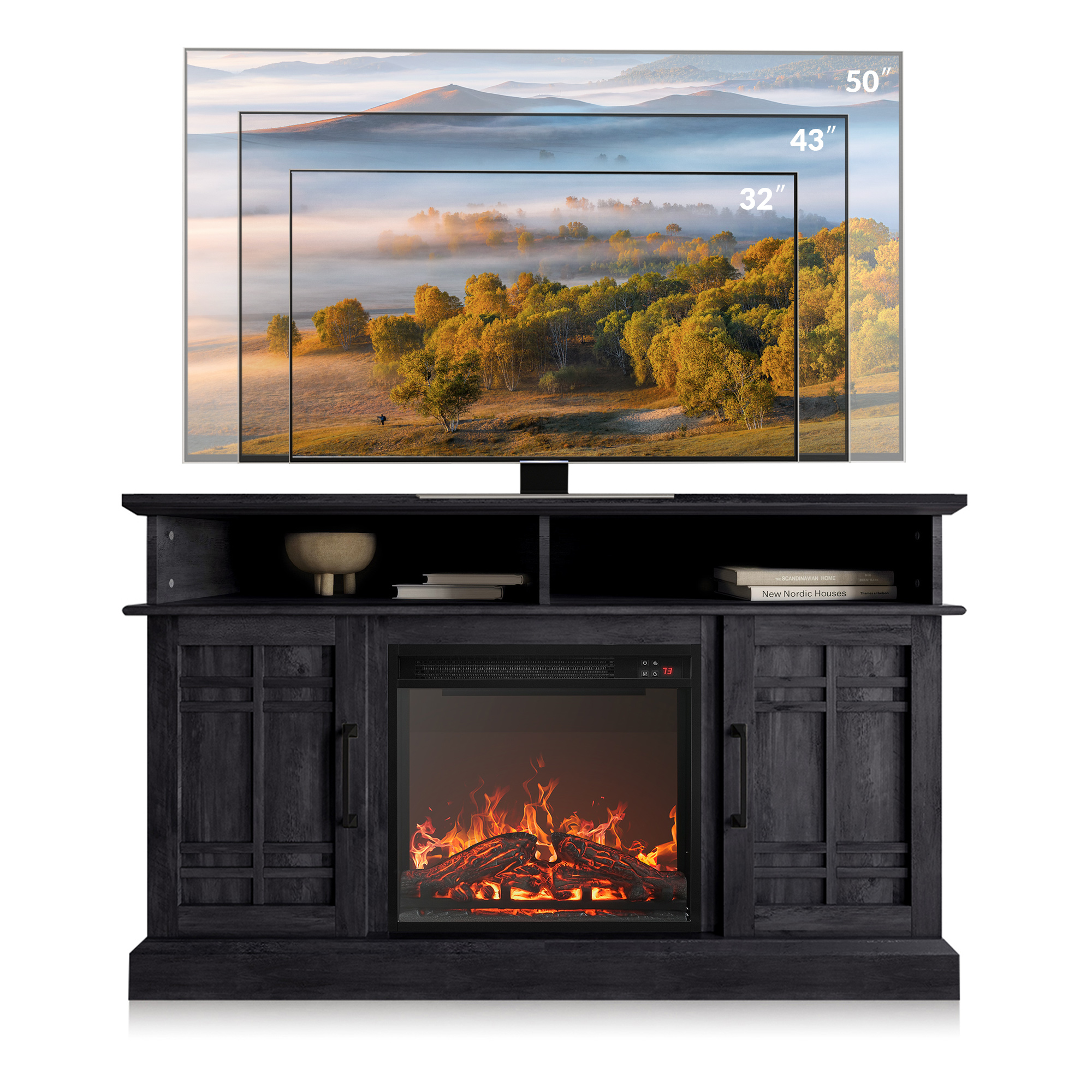 BELLEZE 47" TV Stand with 18" Electric Fireplace, Modern Electric Fireplace TV Stand for TVs up to 50", Entertainment Media Stand with Storage - Norrell (Rustic Grey)