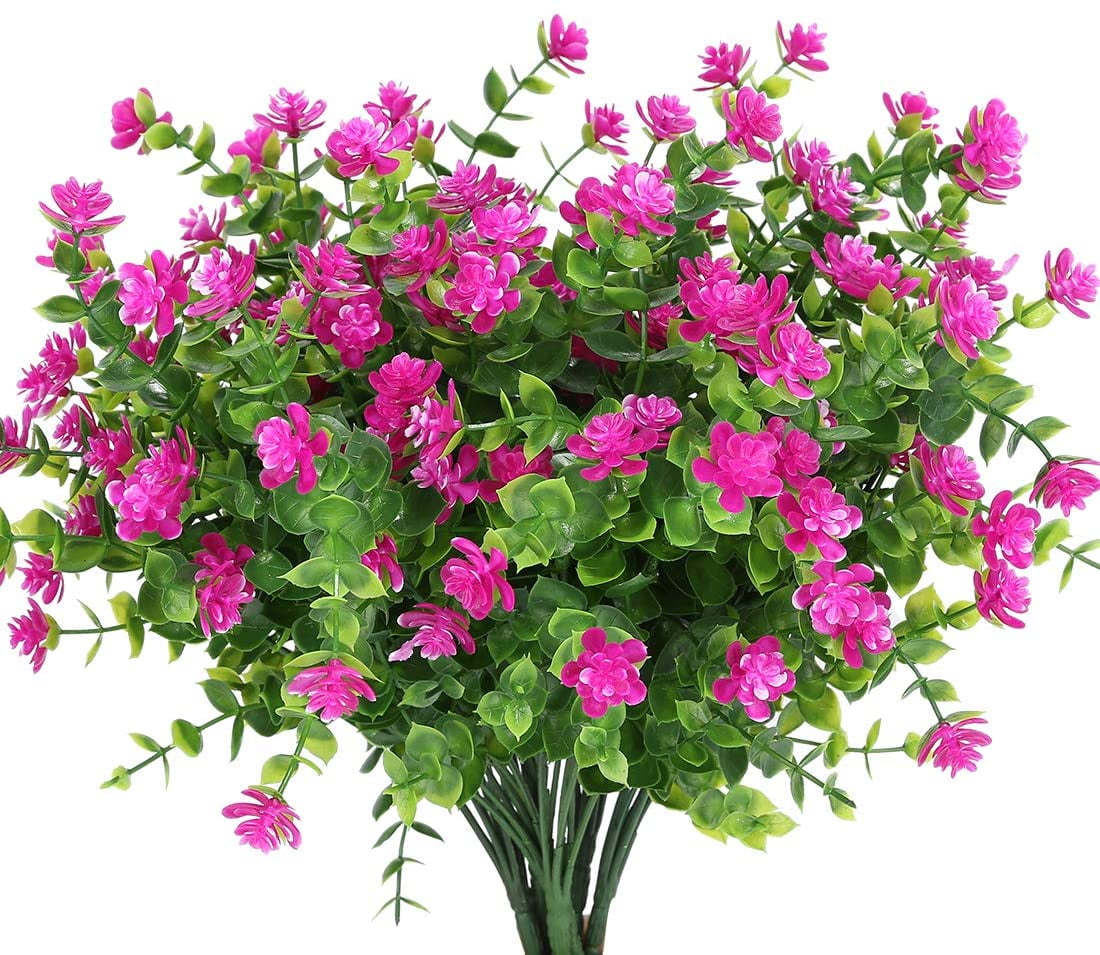 Morttic 8 Bundles Artificial Flowers, Fake Artificial Greenery UV Resistant No Fade Faux Plastic Plants for Wedding Bridle Bouquet Indoor Outdoor Home Garden Kitchen Office Table Vase(Fuchsia)