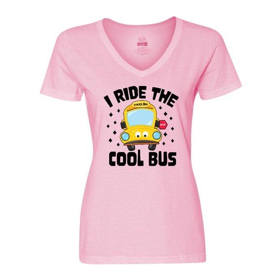 Inktastic I Ride the Cool Bus with Yellow Bus Women's V-Neck T-Shirt