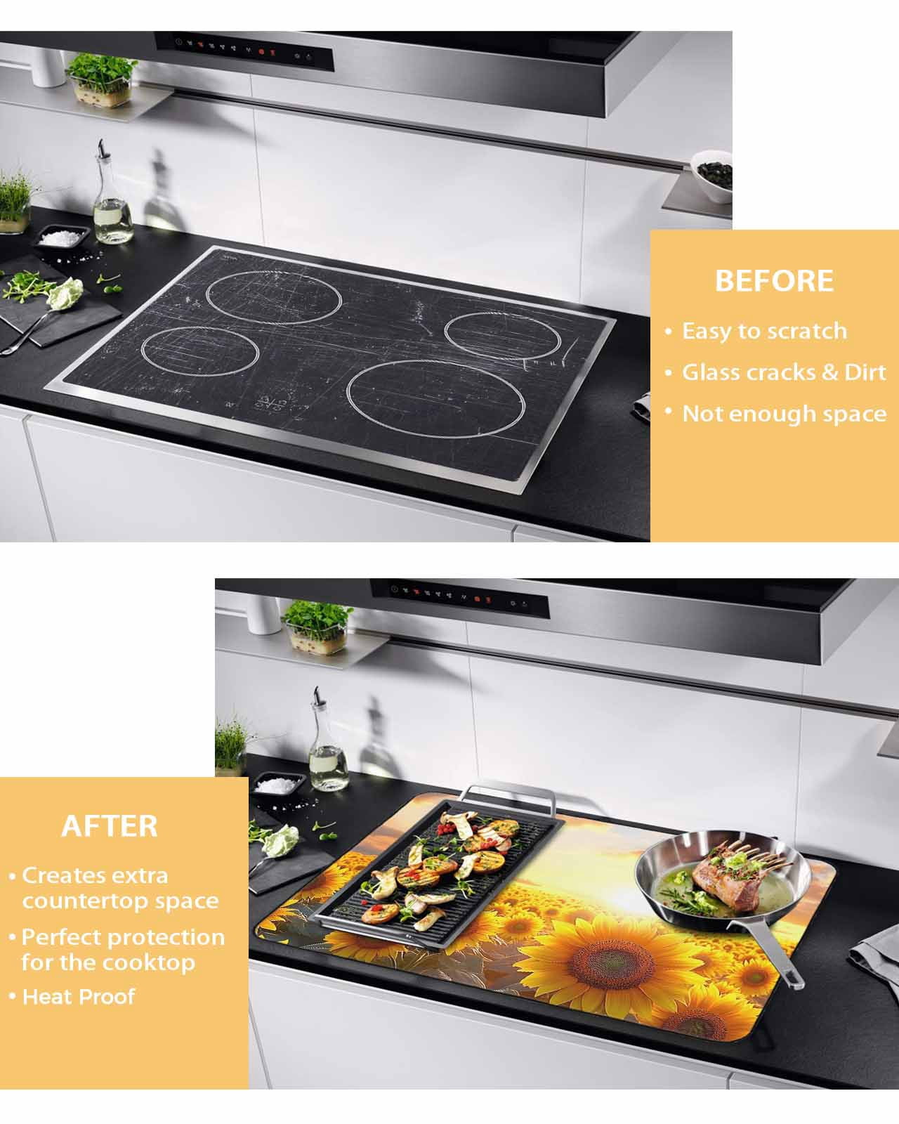 nqOlkjepod Large Induction Cooktop Protector Mat 24"x21", Yellow Sunflowers Stove Top Covers for Electric Stove, Botanical Sunset Natural Scenery Stove Burner Cover Mats, Glass Top Stove Cover