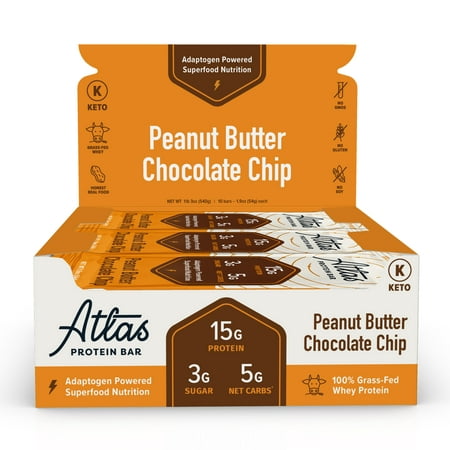 Atlas Bar, Keto Friendly & Grass Fed Whey Protein Bar, Peanut Butter Chocolate Chip, 16g Protein, 10