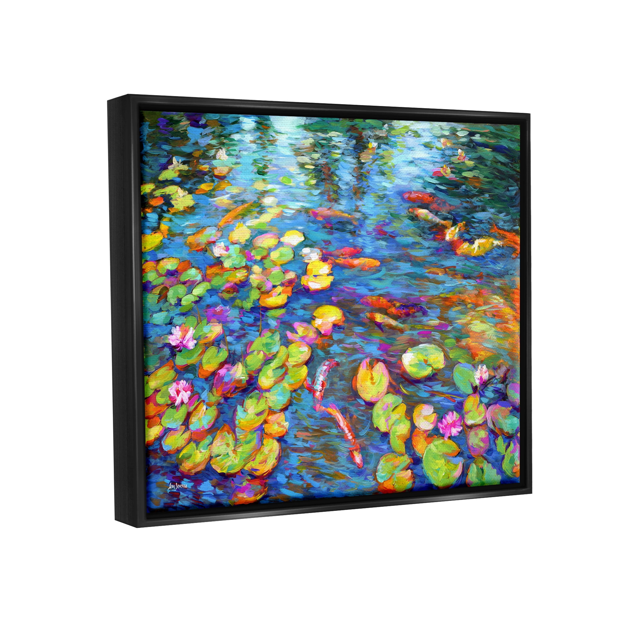 Stupell Industries Koi Fish and Water Lilies Landscape Painting Black Floater Framed Canvas Art Print Wall Art, 21 x 17