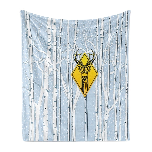 Hunting Soft Flannel Fleece Throw Blanket, Attention Deer in the Woods with Warning Sign Leafless Trees Winter Illustration, Cozy Plush for Indoor and Outdoor Use, 70" x 90", Multicolor, by Ambesonne