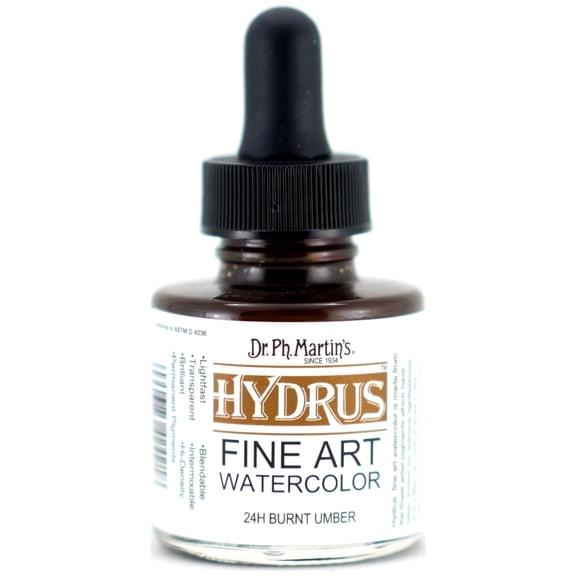 Dr. Ph. Martin's® Hydrus Fine Art Watercolor (24H) Watercolor Bottle, 1.0 US fl oz, Burnt Umber, 1 Bottle